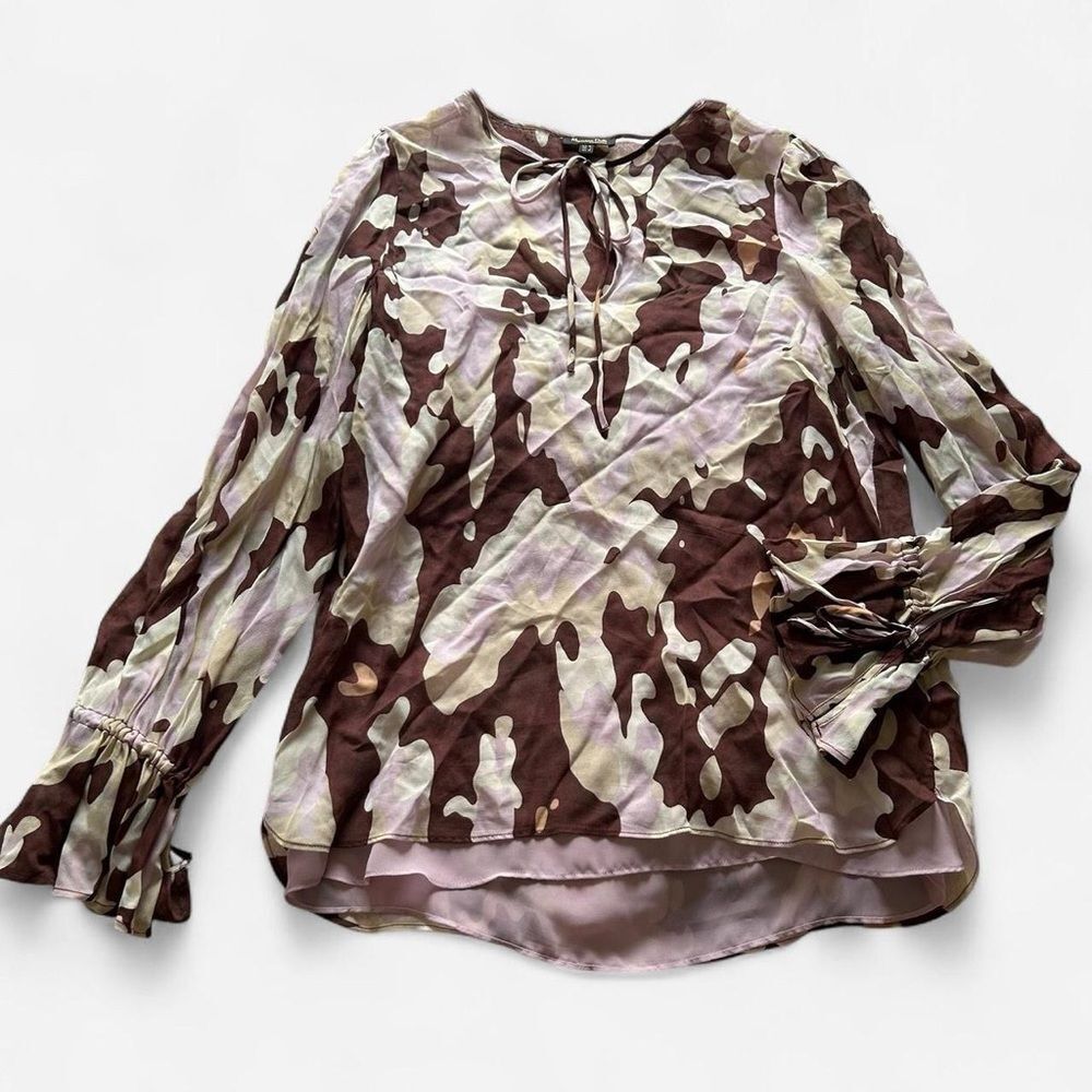 Massimo Dutti Abstract Camo Print romantic feminine keyhole blouse size 4 - Picture 5 of 11
